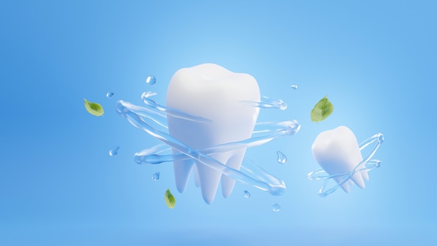 3d render of teeth dental care surrounded by vortex and herb