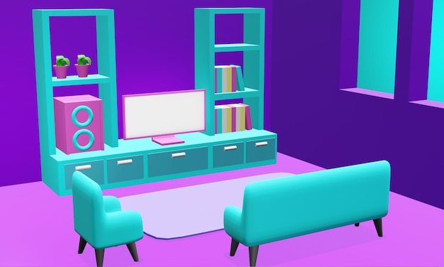 3d render television room blue color