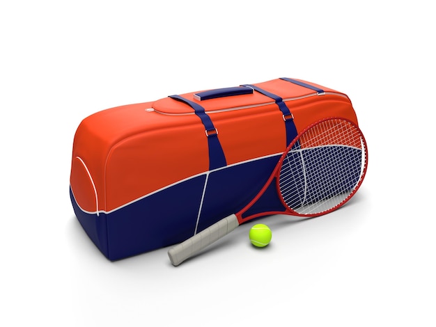 Photo 3d render tennis racket bag and ball on a white background sport competition tennis school
