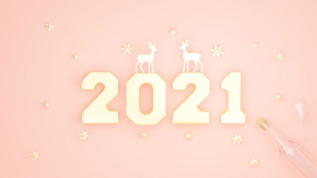 3d render of text happy new year 2021 with decoration