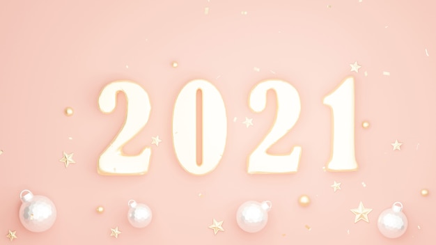 3d render of text happy new year 2021 with decoration