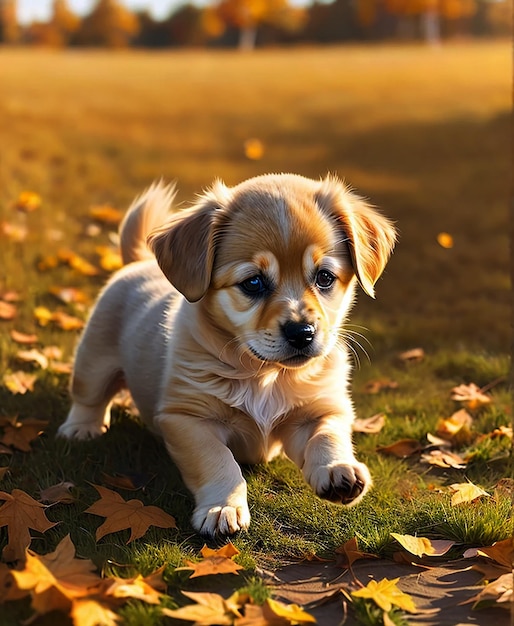 A 3D render of a textured photograph of a adorable puppy rolling around in the grass