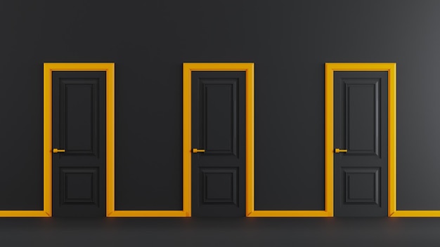 3D render of three closed black realistic doors on a dark background