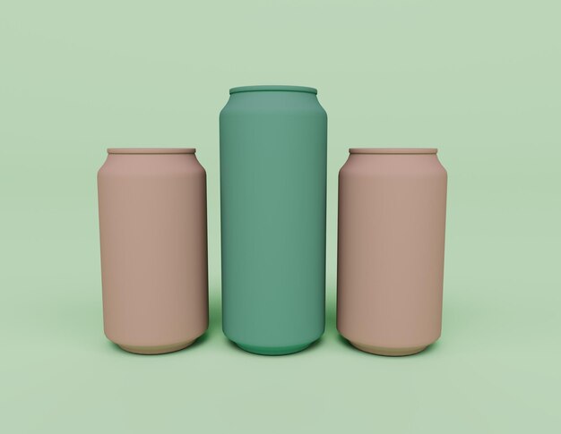 3d render of three pink and green Soda Can isolated on Pastel background 3d background minimal scene