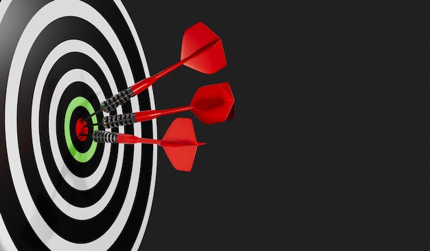 3D render of Three red dart hitting in the bull eye target center of dartboard Achieve victory and Success business concept