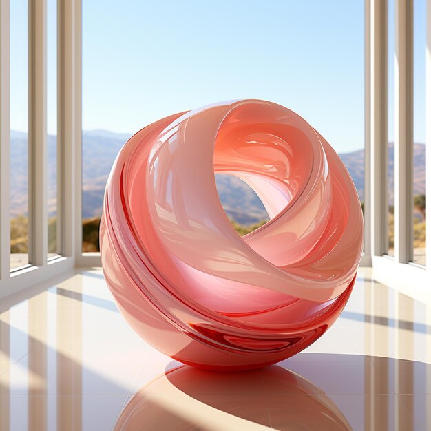 Photo 3d render threedimensional pink sphere in curved wavy spiral sculpture high quality photo