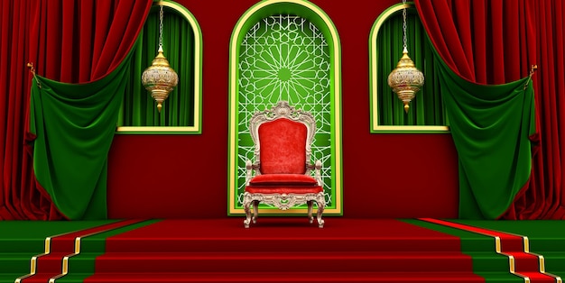 玉座の間の背景の3Dレンダリング赤と緑のカーテンとロイヤルアームチェアイスラムスタイルのモロッコkingdoomの部屋