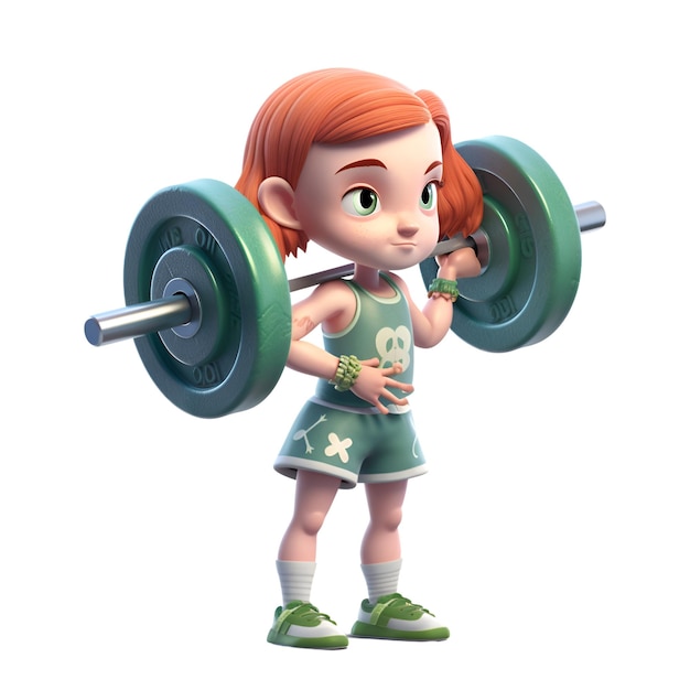 3D Render of a Toon Girl with Barbell on White Background