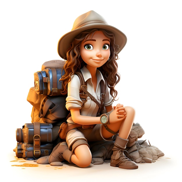 3D Render of a tourist girl sitting on a rock with a backpack