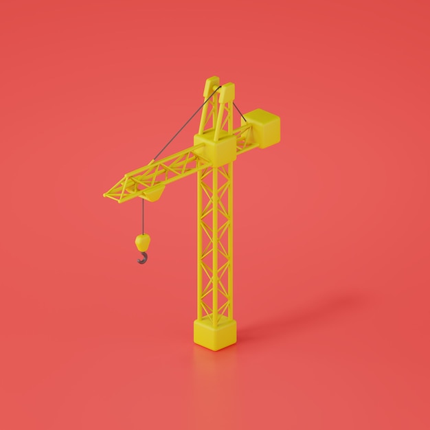 Photo 3d render of tower crane on red background.