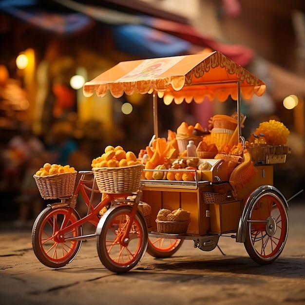 3d render of toy curry puff cart bike with curry puff shaped decorations vibr miniature cute kawaii