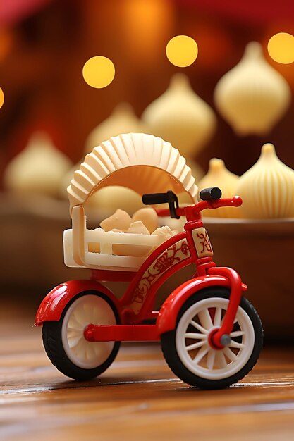 3d render of toy dumpling cart bike with dumpling shaped decorations red and miniature cute kawaii