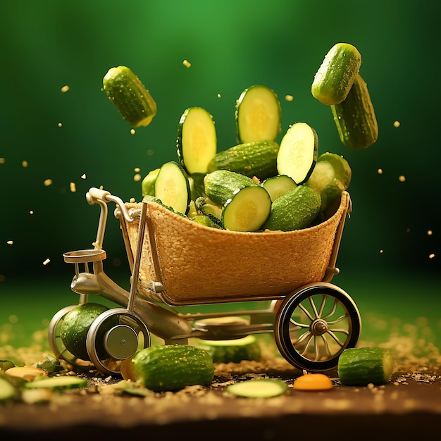 3d render of toy fried pickles cart tricycle with pickle illustrations on a s miniature cute kawaii