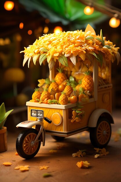 3d render of toy mango sticky rice rickshaw rickshaw inspired mobile cart wit miniature cute kawaii