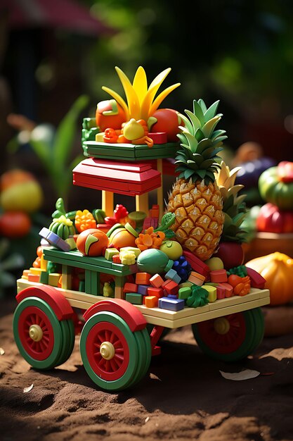 Photo 3d render of toy rojak cart bike with fruit and vegetable decorations colorfu miniature cute kawaii