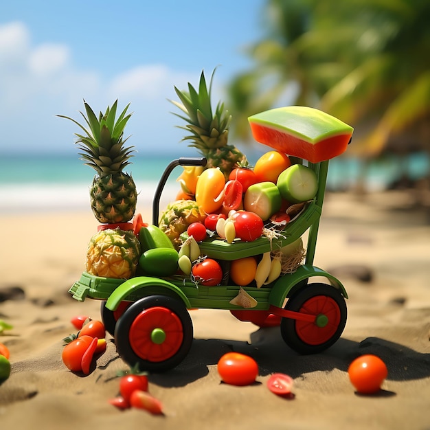 3D Render of Toy Som Tam Cart Bike With Papaya and Chili Decorations Vibrant Miniature Cute Kawaii