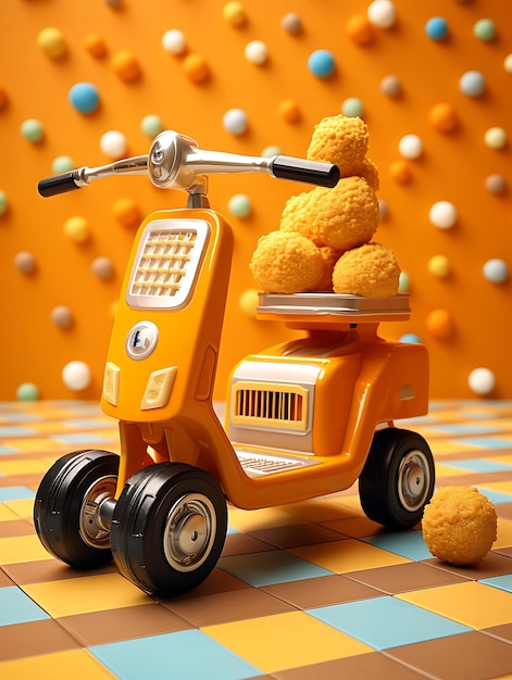 3d render of toy tater tot cart scooter with tater tot illustrations on a pla miniature cute kawaii