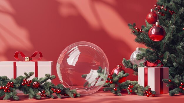 3D render of a traditional Christmas wallpaper featuring spruce twigs an empty glass ball and a red background