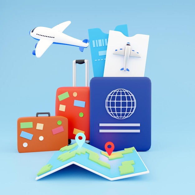 3d render travel with airplane 3d render passport with tickets 3d render map and suitcases