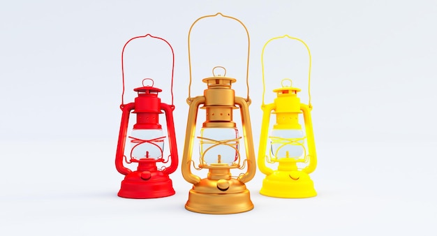 3D render of tree colored kerosene lamp isolated on white background, Vintage red, gold and yellow lantern.