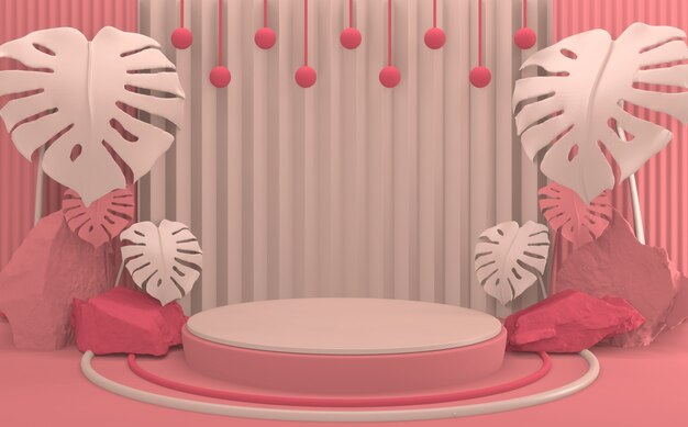 3d render Tropical Abstract Valentine pink podium minimal design product scene.