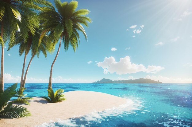 3d render of a tropical landscape with palm trees and blue sea