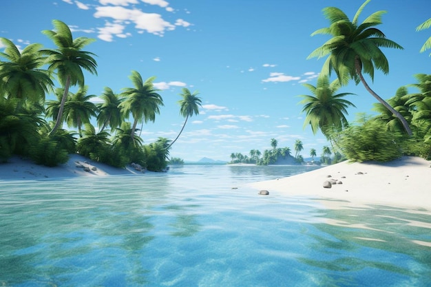 3d render of a tropical landscape with palm trees and blue sea