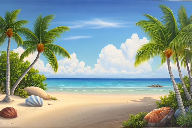 3d render of a tropical landscape with palm trees and blue sea