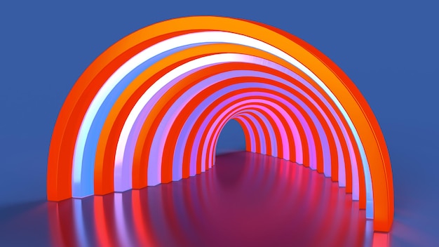 Tunel di rendering 3d, sfondo astratto, il cui tunnel si illumina di rosa e blu