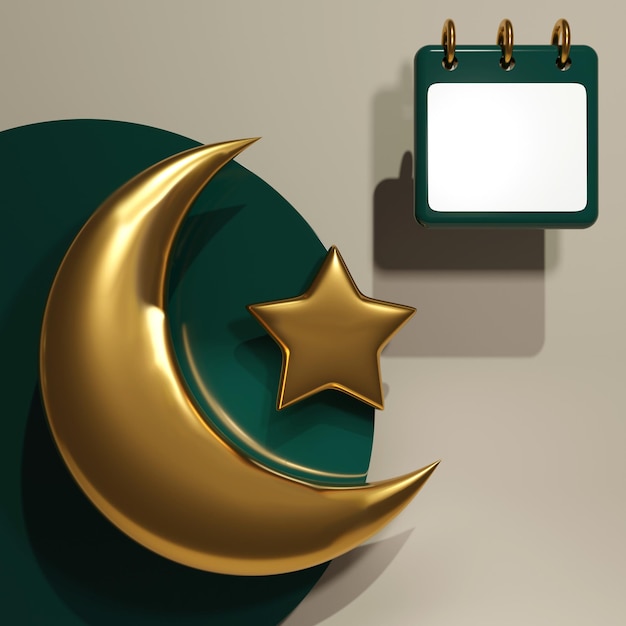 Foto rendering 3d mezzaluna d'oro turca con calendario a stella post quadrato sui social media in stile arabo