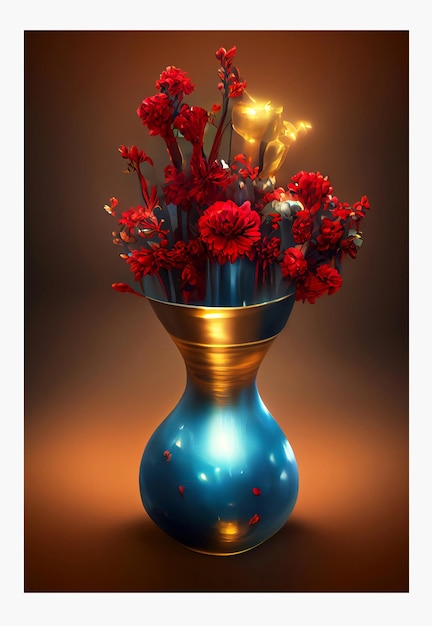 3d render turquoise and gold vases with red flowers and dark brown background. digital art for wall
