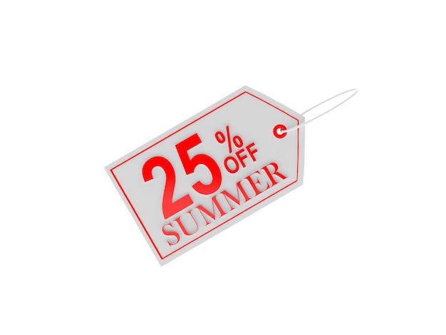 3d render twenty five percent off summer text on a grey tag isolated on white background