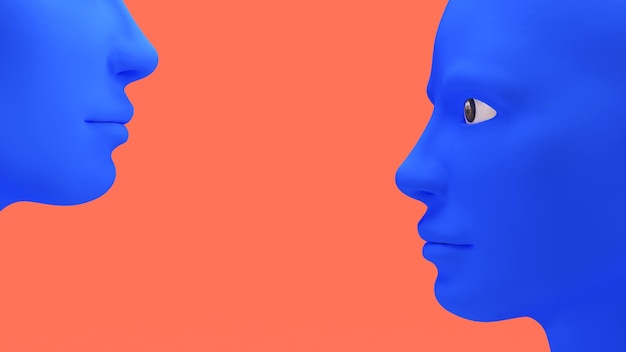 3D визуализация двух синих голов на красном фоне Искусственный интеллект