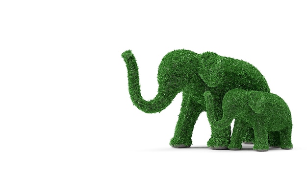 3d render two elephants big and small green plant isolated white bacground