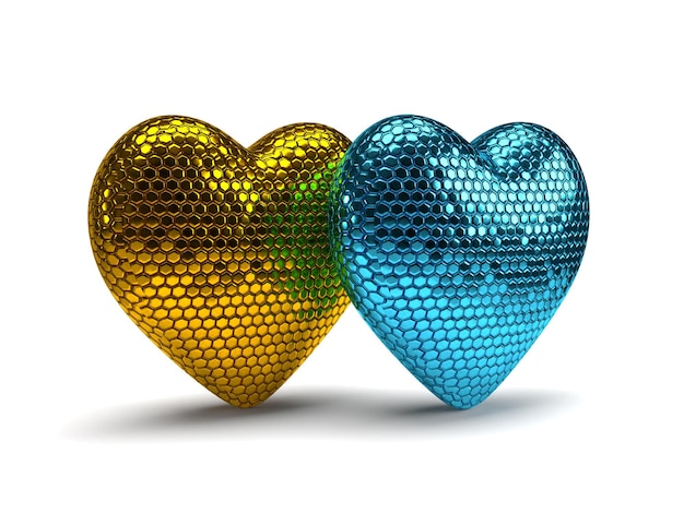 3D визуализация двух сердец желтого и синего изолированных символ украина блестящая сотовая текстура
