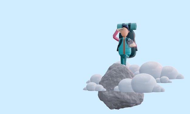 3D визуализация Уродливый турист с рюкзаком поднялся на вершину горы и смотрит вдаль
