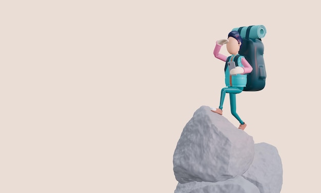 3d render ugly tourist with a backpack and a phone climbed to
the top of the mountain and looks