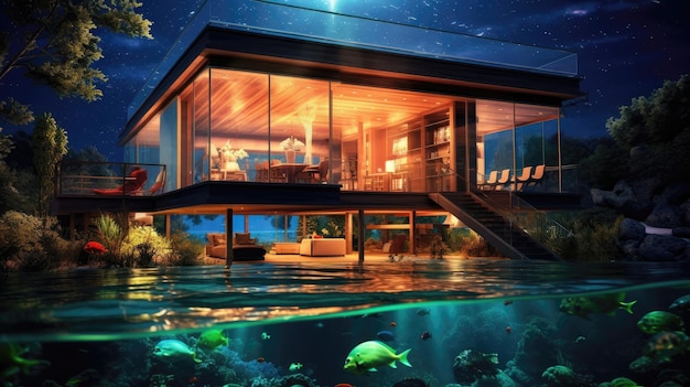 3D Render Underwater Residence With Bioluminescent Lighting Generative AI