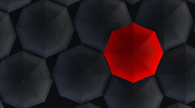 3d render of unique red umbrella among many dark ones.