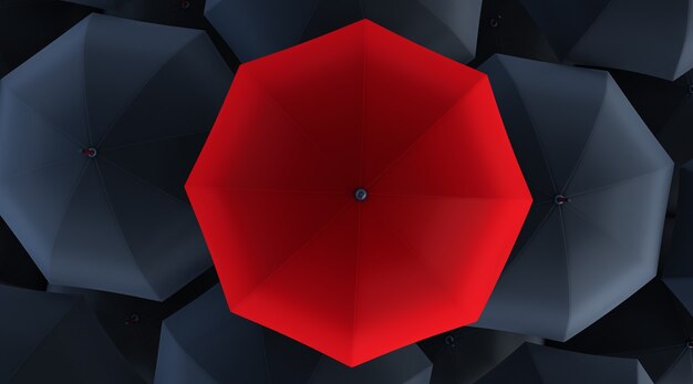 3d render of Unique red umbrella among many dark ones.