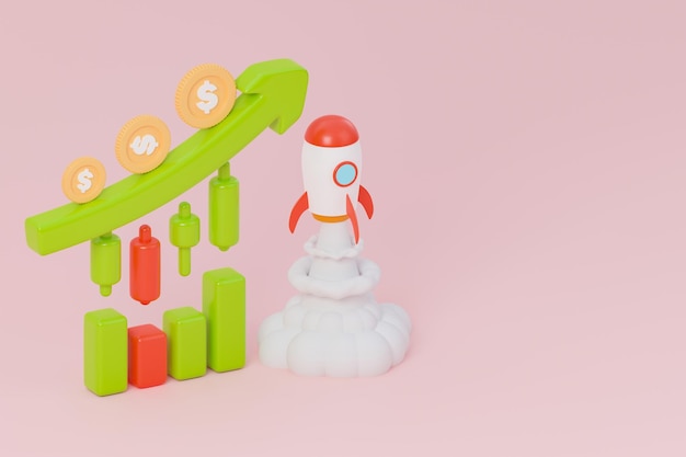 3d render up trend of bull market candlestick chart with dollar coins on green arrow and rocket