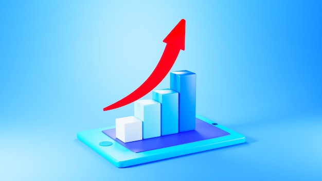 3D render of upgrowing bar graph with red arrow on top on blue background