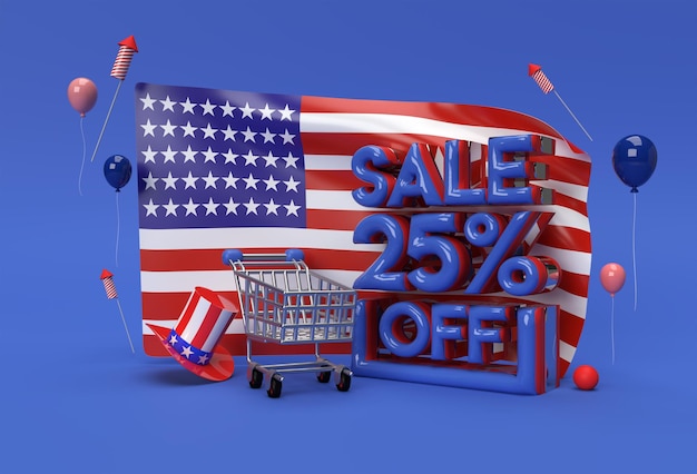 3D Render Usa flag 4 июля Концепция Дня независимости США 25 Sale OFF Discount Banner