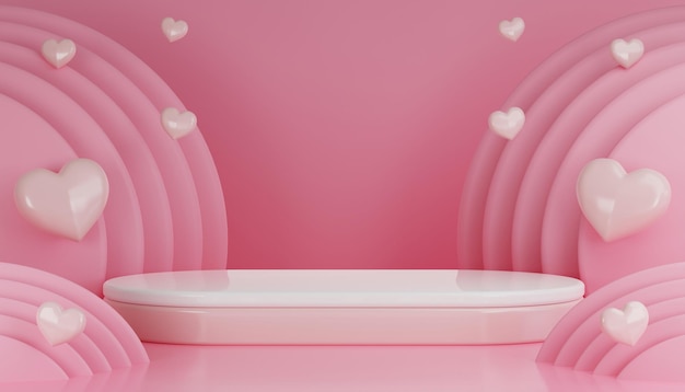 3D render Valentijnsdag met roze podiumdisplay voor product in liefde en hart