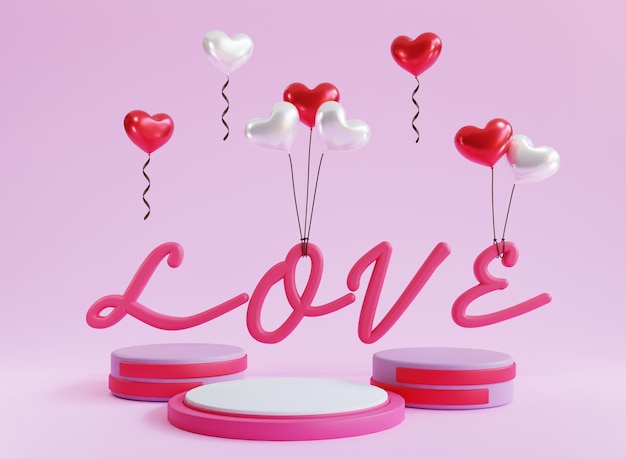 3d render valentine podium display background with love balloon