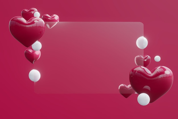 Photo 3d render valentine's day red hearts and glasmorph banner for lettering text viva magenta