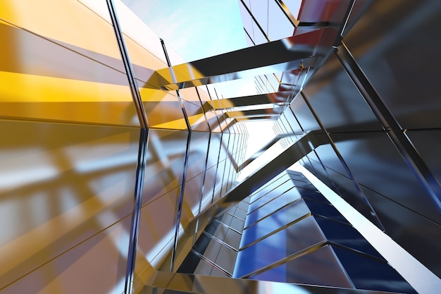 3D render van abstracte futuristische architectuur, wolkenkrabber glazen kantoorgebouw.