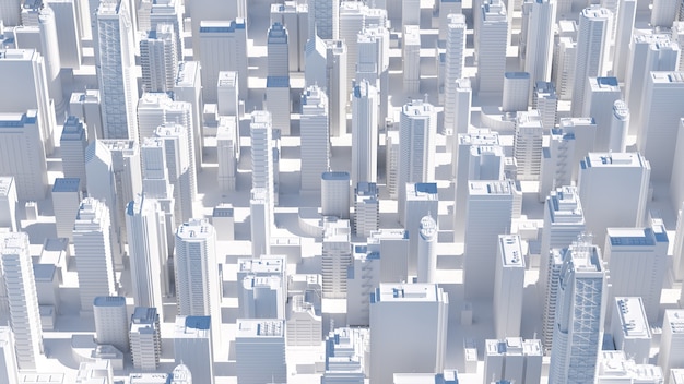 3D render van abstracte heldere stad met wolkenkrabbers. Eenvoudige vormen van gebouwen bij daglicht.