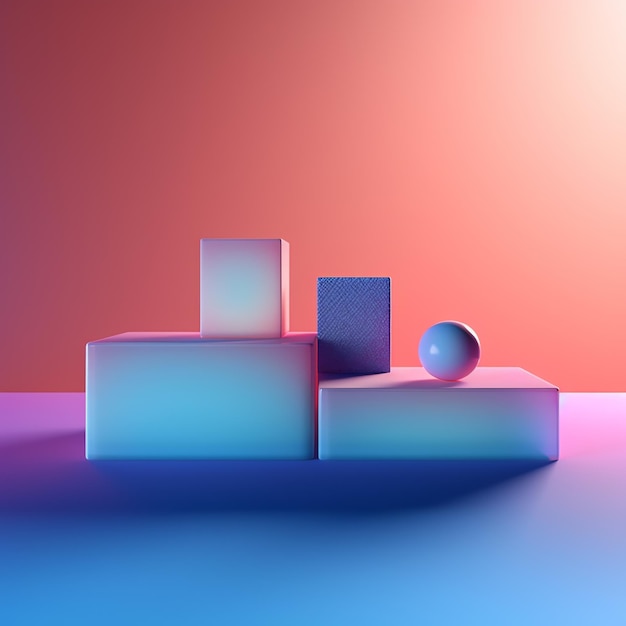 Foto 3d render van abstracte kubussen en een bol op een roze en blauwe achtergrond