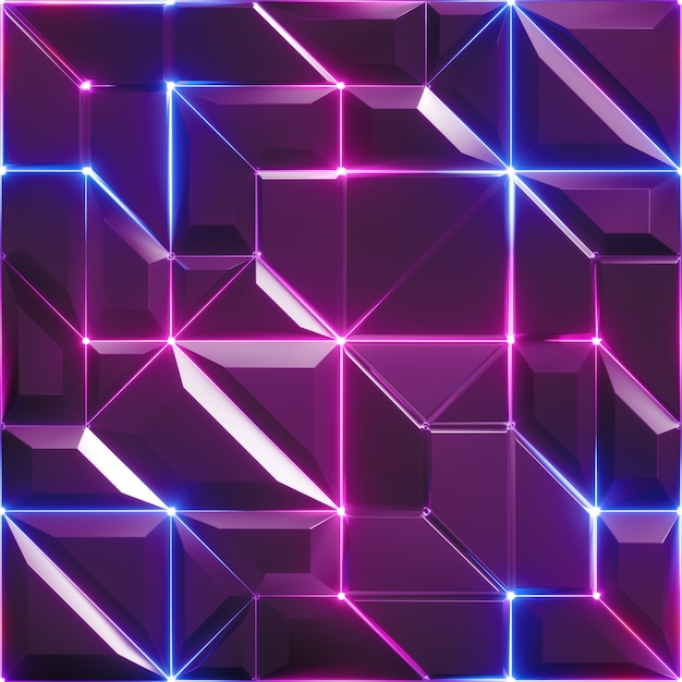 3D render van abstracte paarse gefacetteerde achtergrond met roze blauwe gloeiende neon lijnen